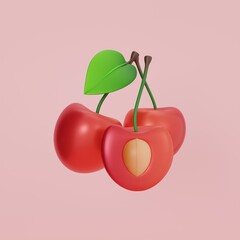 3D icon of ripe red cherry or sweet cherry with green leaf. Cherry day. Hello summer. 3D rendering.