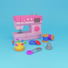 3D sewing tool set. Sewing machine with threads, thimble, buttons and pins. Handicraft, hobby, craft, workplace. 3D rendering.