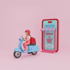 A courier girl rides with purchases on a blue scooter. Mobile shopping site. Online order from a smartphone. 3D rendering.