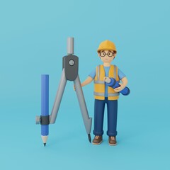 3d character architect in helmet holds compass and tube with drawings. Civil engineer with drawing instruments. 3d rendering.
