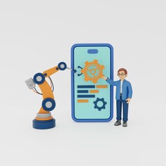 Businessman with robotic arm controls mechanisms in business processes. Smart business automation. Digital solutions in the company's work. 3D rendering.