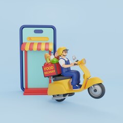 Male courier delivers online grocery order on scooter. Online delivery with food order by phone.
Shops on smartphone. 3D rendering.