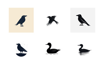 Fototapeta premium Six bird silhouettes crows and loons graphic design set