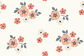 Seamless floral pattern, liberty ditsy print in delicate rustic, folk motif. Romantic botanical design of small hand drawn flowers, tiny leaves, simple bouquets in pastel colors. Vector illustration. © Yulya i Kot