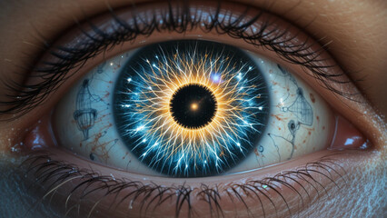 Digital Eye Abstract Close-Up of Human Eye with Glowing, Cosmic Energy