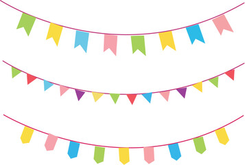 single line art buntings carnival garland Decorative colorful party pennants for birthday celebration,  Vector linear illustration isolated on white.