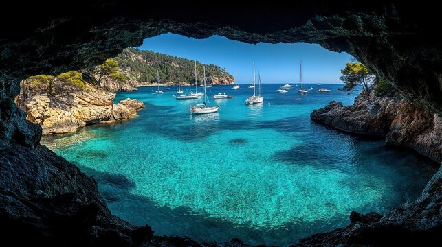 Coastal cave view of turquoise water and yachts