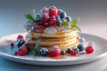 Golden Stacked Banana Pancakes with Blueberries, Raspberries & Maple Syrup on White Plate – 4K Photorealistic Breakfast Styling for Menus, Food Blogs, and Healthy Eating Campaigns