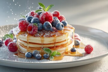 Golden Stacked Banana Pancakes with Blueberries, Raspberries & Maple Syrup on White Plate – 4K Photorealistic Breakfast Styling for Menus, Food Blogs, and Healthy Eating Campaigns