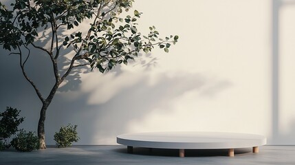 Circular White Marble Podium with Green Plants and Sunlight Shadows