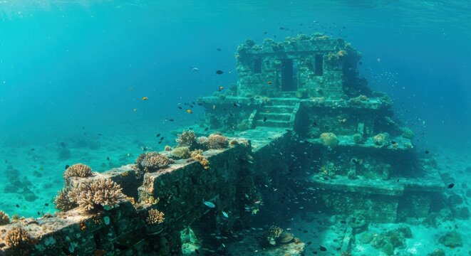 An ancient, submerged ruin, possibly the Yonaguni Monument, teems with diverse marine life under clear blue ocean waters, revealing a mysterious underwater world.