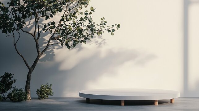 Fototapeta Circular White Marble Podium with Green Plants and Sunlight Shadows