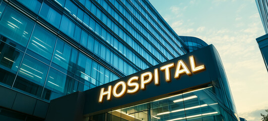 Modern hospital building with illuminated sign at twilight