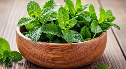 Natural Mint Leaves Wooden Bowl Vintage Wood Table Rustic Herbal Ingredient