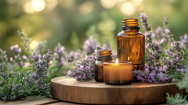 Aromatherapy setup with essential oils and lavender flowers