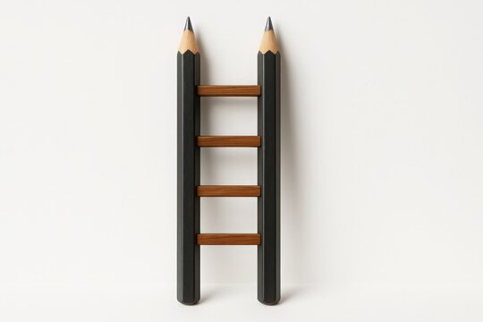 A creative concept featuring a ladder constructed from pencils representing growth achievement and education on a white background
