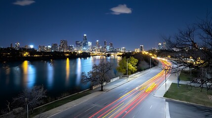 Fototapeta premium Austin Skyline at Night with Long Exposure Traffic