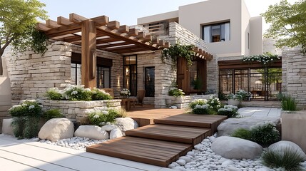 Obraz premium Nature inspired architecture with plants, rocks, and clean patio high resolution image
