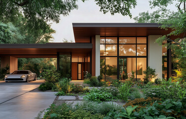 Obraz premium Modern architectural house surrounded by lush garden and greenery