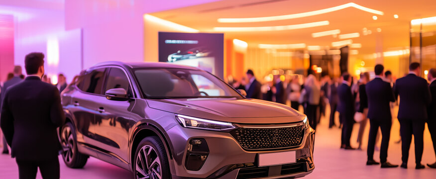 Modern car showcased at glamorous automotive event with spectators