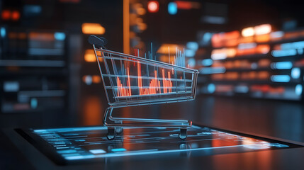 ecommerce screen showing sales growth with upward graph and cart