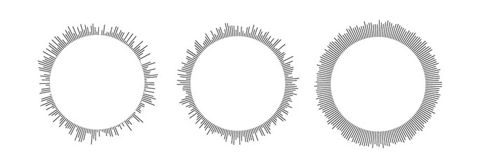 Fototapeta premium Circular sound waves. Circle sun burst beams collection. Vector black wavy soundwave center elements