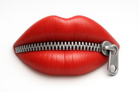 Conceptual image of red lips with zipper symbolizing silence censorship and protecting sensitive information concept