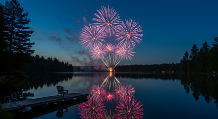 Spectacular Fireworks Display over Calm Lake at Dusk