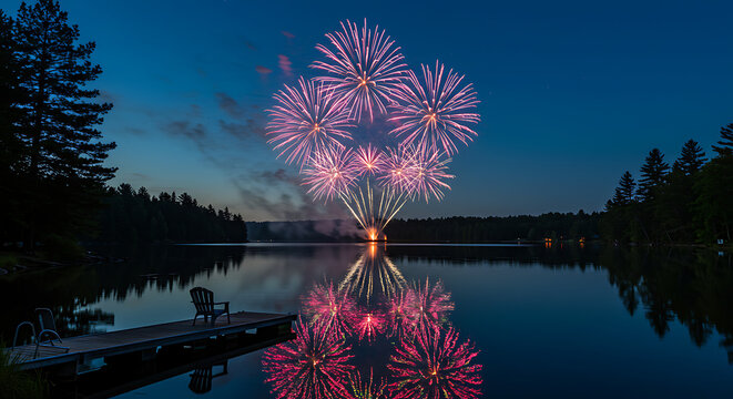 Spectacular Fireworks Display over Calm Lake at Dusk