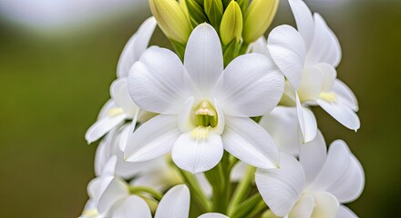 Obraz premium Exquisite White Orchid Flowers Delicate Petals Serene Floral Arrangement Background