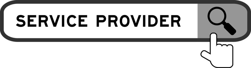 Search banner in word service provider with hand over magnifier icon on white background