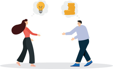 Idea pitching, fund raising and venture capital, selling business or merger agreement concept, entrepreneur businessman standing on lightbulb idea lamp shaking hands with VC on money coins stack.