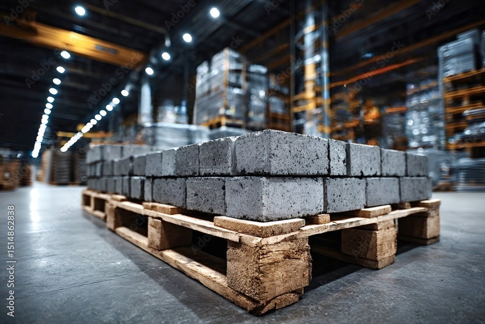 Poster concrete blocks stacked neatly on a wooden pallet, stored inside a spacious warehouse, showcasing re