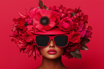 A fashion model wearing red sunglasses and a hat made of flowers, against a red background