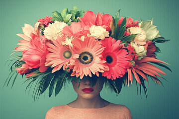 A woman wearing an oversized hat made of flowers with a retro aesthetic