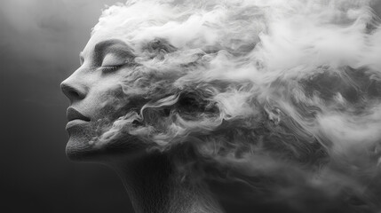 A surreal portrait of an elegant woman with her head made from swirling smoke
