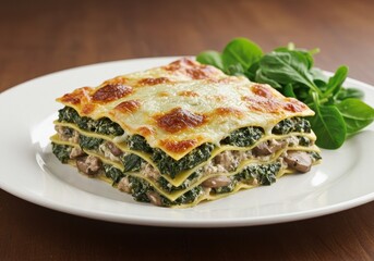 Delicious homemade lasagna with spinach, ricotta cheese, and layers of pasta on a white plate garnished with fresh spinach leaves