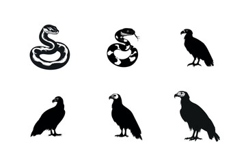 Black and white silhouettes of snakes and vultures