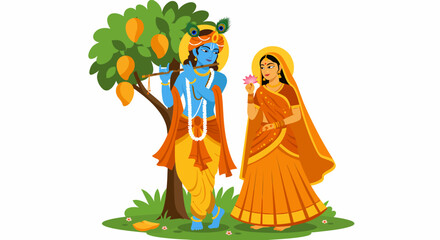Krishna & Radha Love Divine Couple With Lotus & Flute