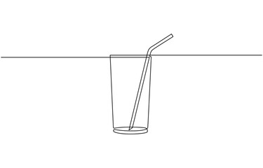 Glass of water with ice, old drink with a straw for drinking, Drink Glass with ice cubes. Cocktail with straw line art style icon. Continuous line drawing vector illustration.