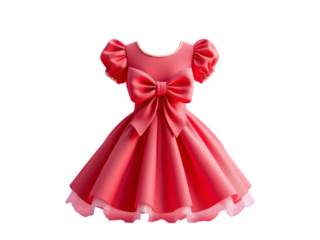 A vibrant pink dress with a large bow and puffy sleeves isolated on a black background image style isolated with white background