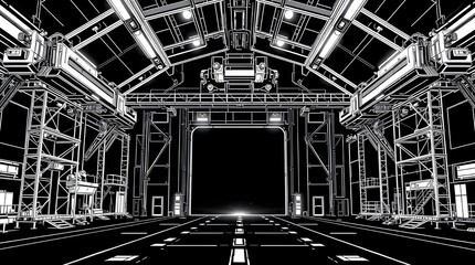 Futuristic Mecha Hangar Blueprint – Anime Line Art with Neon Accents