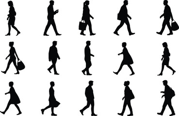 Walking People Silhouettes – Vector Icons of Business and Casual Figures in Motion for Design and Communication