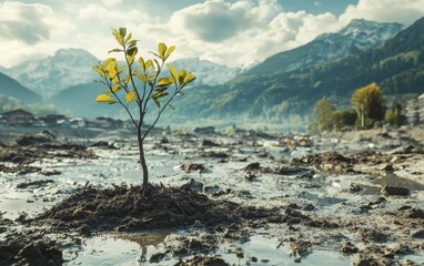 A clean and high-resolution image showing natural disaster aftermath and environmental damage with eco-friendly context.