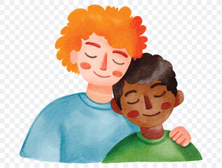Two diverse people hugging with peaceful smiles, expressing love, care and unity during Pride Month. vector
