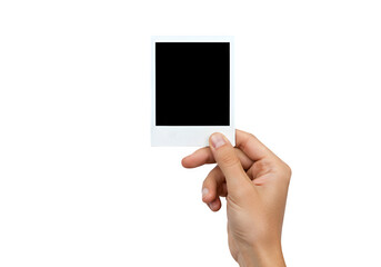 A hand holds a polaroid blank picture, isolated on white or transparent background. PNG