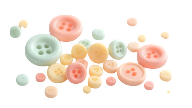 A scattered collection of pastel colored candy buttons on a plain black background surface view isolated with white background