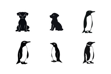 Obraz premium Cute puppy and penguin silhouettes set