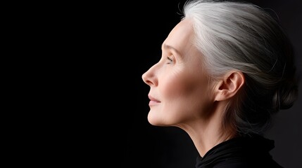 Fototapeta premium Side profile of a wise, elegant woman in a dark studio setting