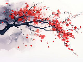 Delicate watercolor painting of cherry blossom branch with vibrant red flowers against soft, muted background evokes sense of tranquility and beauty